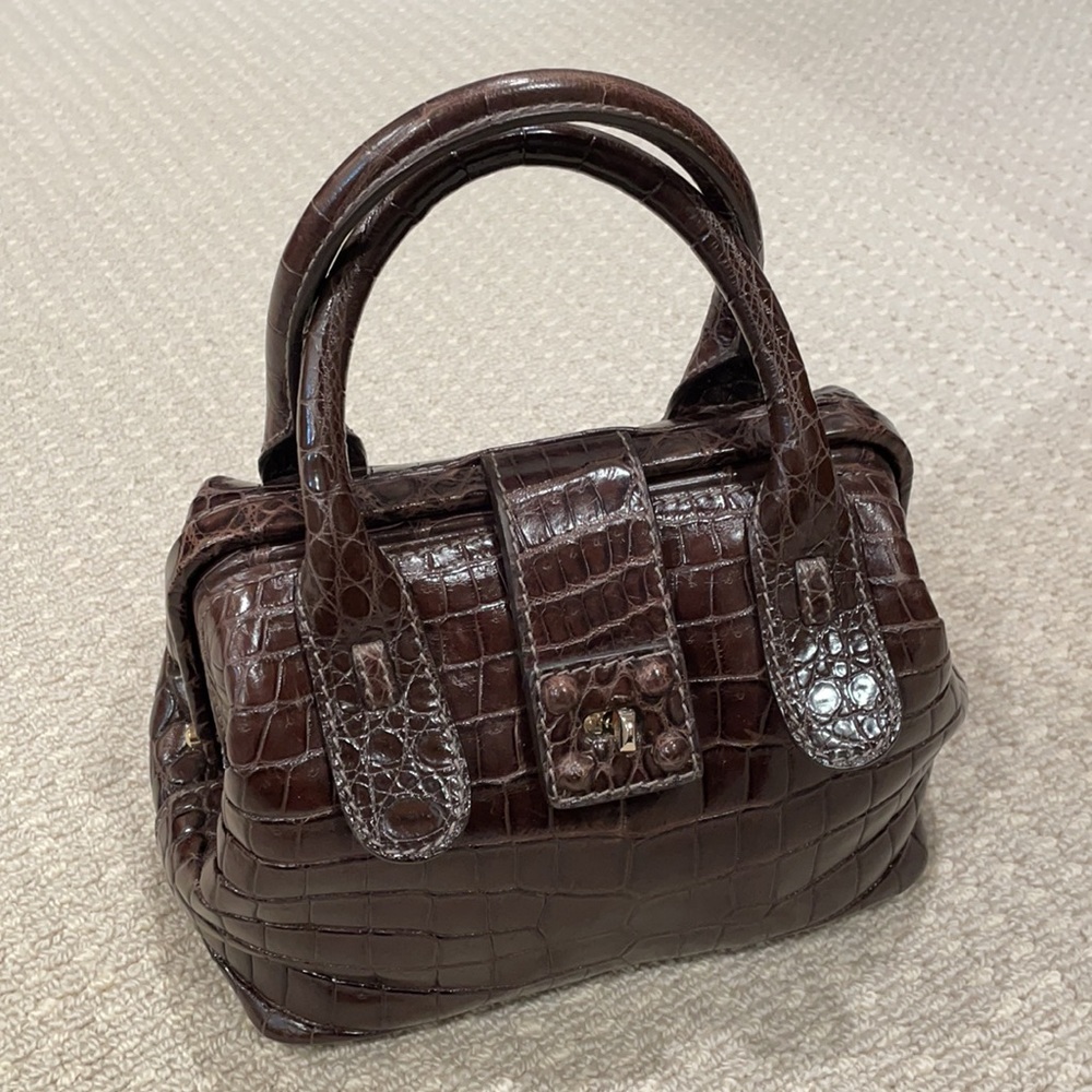 Zagliani Dark Brown Croc-Embossed Top-Handle Bag